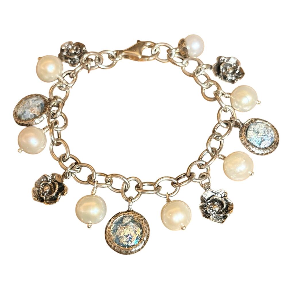 Or Paz Charm Bracelet Sterling Silver, Freshwater Pearls & Roman Glass Charms